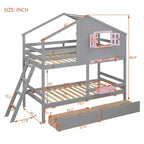 Twin over Twin House Bunk Bed with 2 Drawers, Storage Shelves and Window