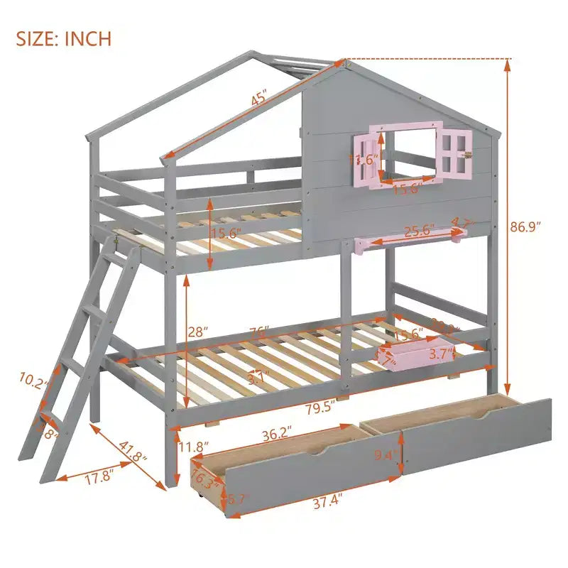 Twin over Twin House Bunk Bed with 2 Drawers, Storage Shelves and Window