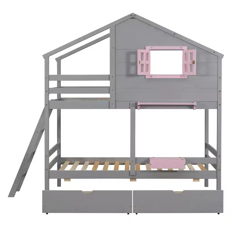 Twin over Twin House Bunk Bed with 2 Drawers, Storage Shelves and Window
