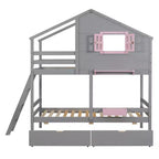 Twin over Twin House Bunk Bed with 2 Drawers, Storage Shelves and Window