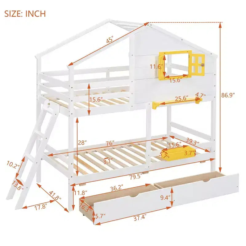 Twin over Twin House Bunk Bed with 2 Drawers, Storage Shelves and Window