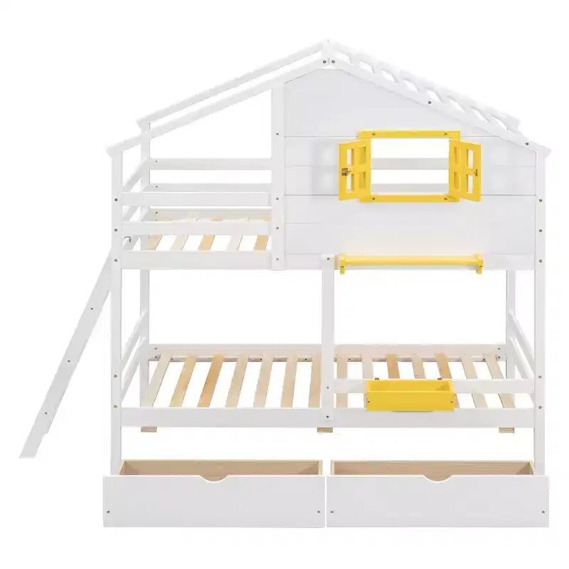 Twin over Twin House Bunk Bed with 2 Drawers, Storage Shelves and Window