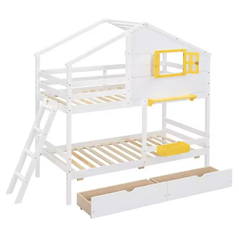 Twin over Twin House Bunk Bed with 2 Drawers, Storage Shelves and Window