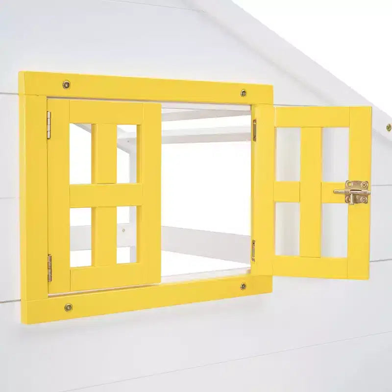 Twin over Twin House Bunk Bed with 2 Drawers, Storage Shelves and Window