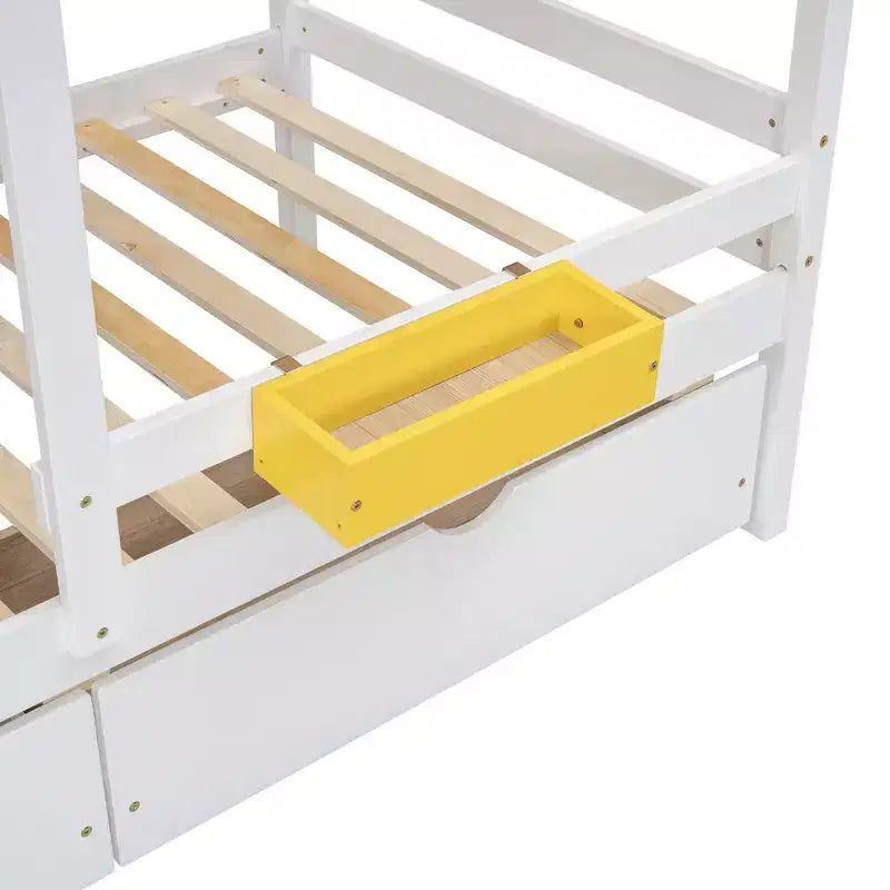 Twin over Twin House Bunk Bed with 2 Drawers, Storage Shelves and Window
