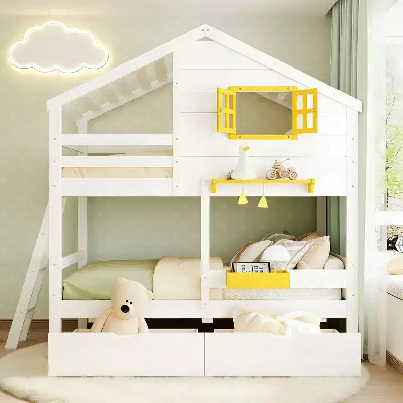 Twin over Twin House Bunk Bed with 2 Drawers, Storage Shelves and Window