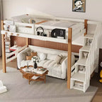 Modern Loft Bed with Storage Shelves, Clothes Hook and Underbed Space