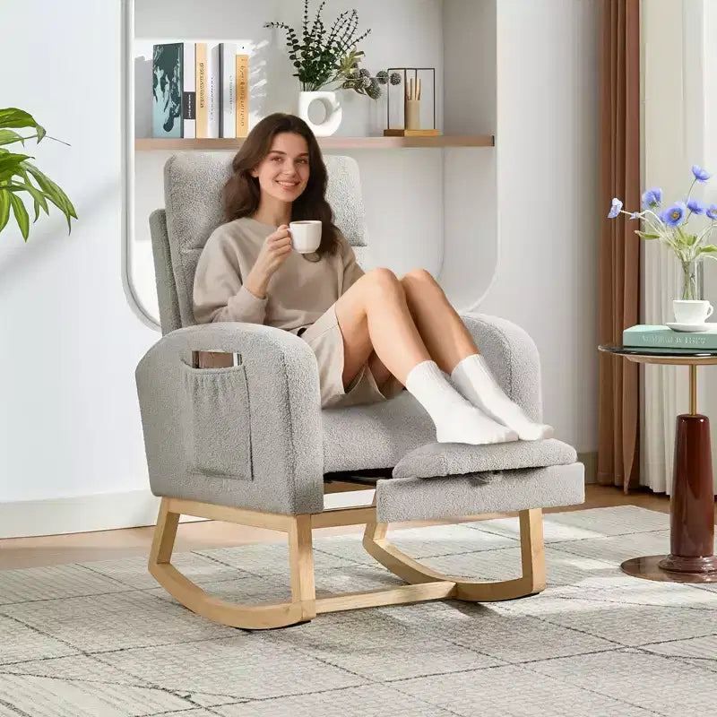 Upholstered Nursery Rocking Chair with High Backrest and Side Pockets