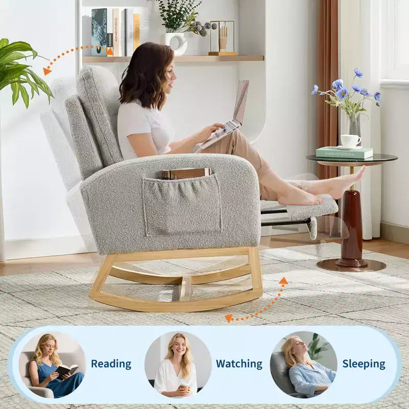 Upholstered Nursery Rocking Chair with High Backrest and Side Pockets