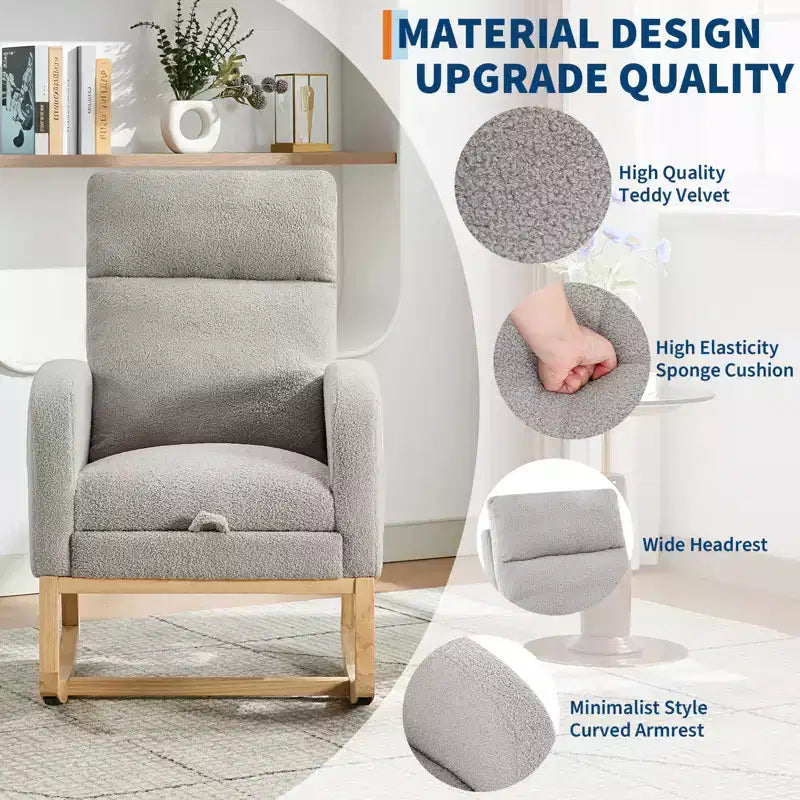 Upholstered Nursery Rocking Chair with High Backrest and Side Pockets