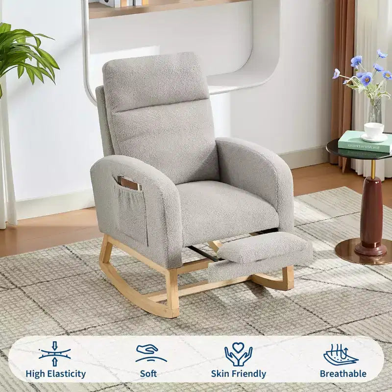Upholstered Nursery Rocking Chair with High Backrest and Side Pockets