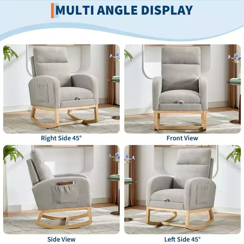 Upholstered Nursery Rocking Chair with High Backrest and Side Pockets