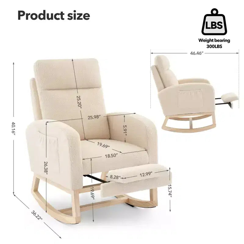Upholstered Nursery Rocking Chair with High Backrest and Side Pockets