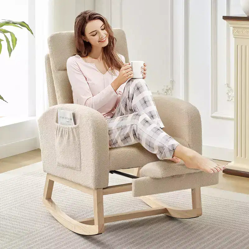 Upholstered Nursery Rocking Chair with High Backrest and Side Pockets