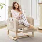 Upholstered Nursery Rocking Chair with High Backrest and Side Pockets