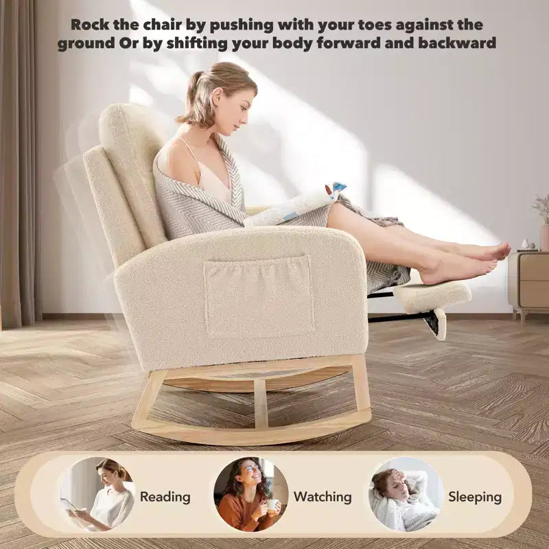 Upholstered Nursery Rocking Chair with High Backrest and Side Pockets