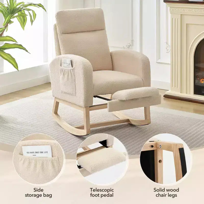 Upholstered Nursery Rocking Chair with High Backrest and Side Pockets
