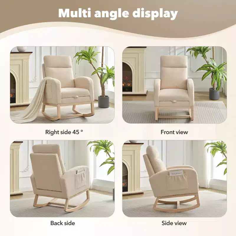 Upholstered Nursery Rocking Chair with High Backrest and Side Pockets