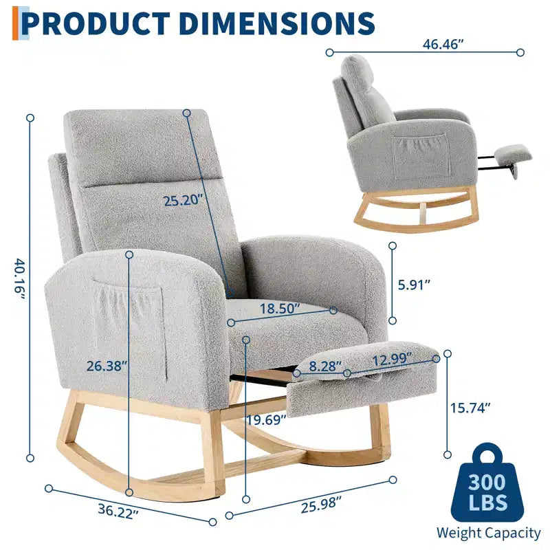 Upholstered Nursery Rocking Chair with High Backrest and Side Pockets