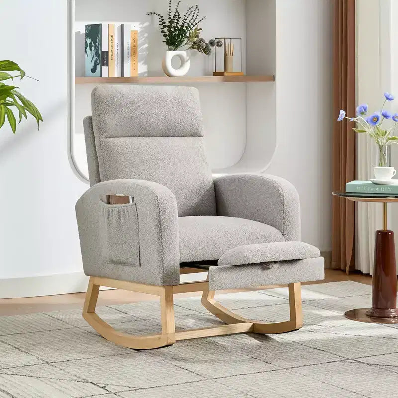 Upholstered Nursery Rocking Chair with High Backrest and Side Pockets
