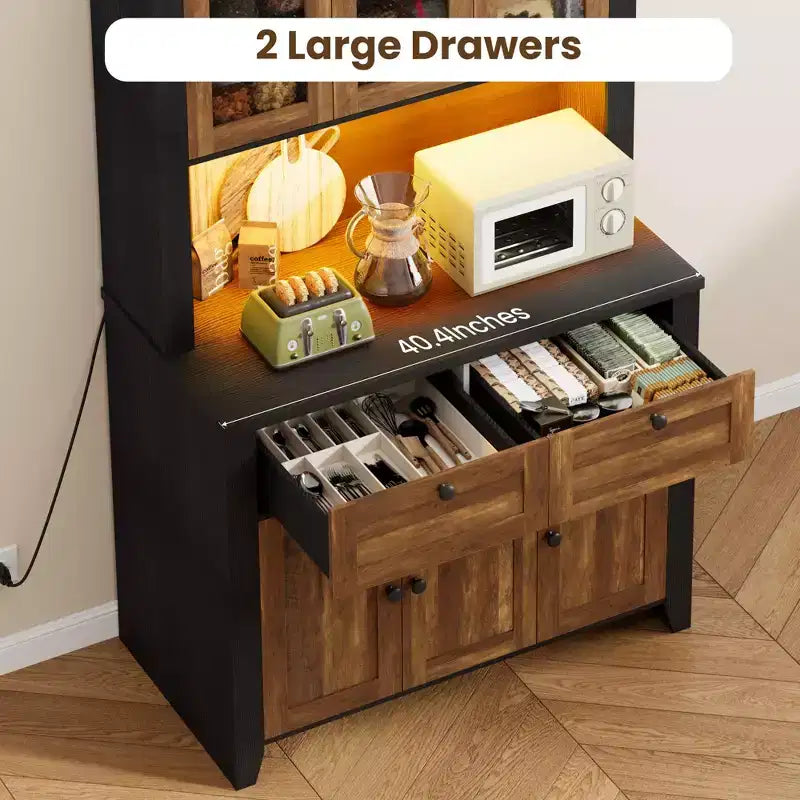 Tall Pantry Cabinet with Charging Station, Countertop, Drawers and Adjustable Shelves