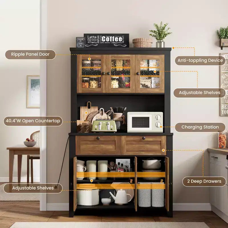 Tall Pantry Cabinet with Charging Station, Countertop, Drawers and Adjustable Shelves