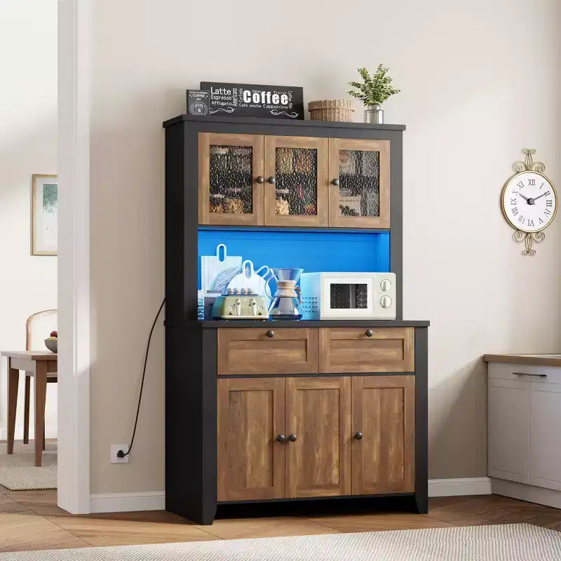 Tall Pantry Cabinet with Charging Station, Countertop, Drawers and Adjustable Shelves