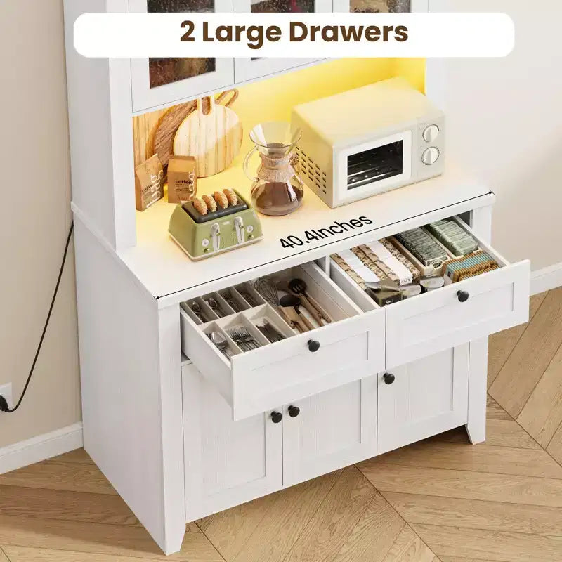Tall Pantry Cabinet with Charging Station, Countertop, Drawers and Adjustable Shelves
