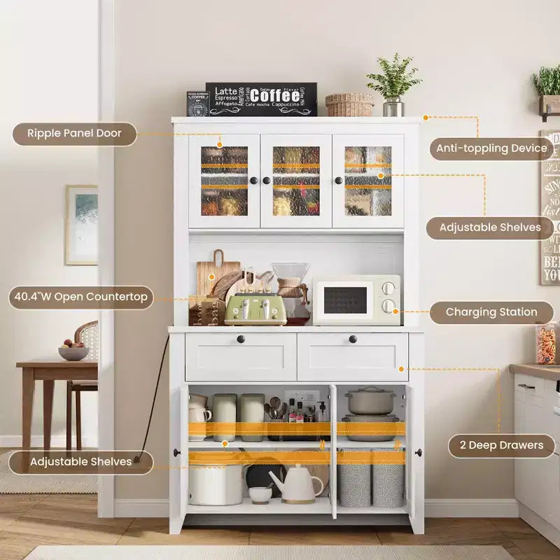Tall Pantry Cabinet with Charging Station, Countertop, Drawers and Adjustable Shelves