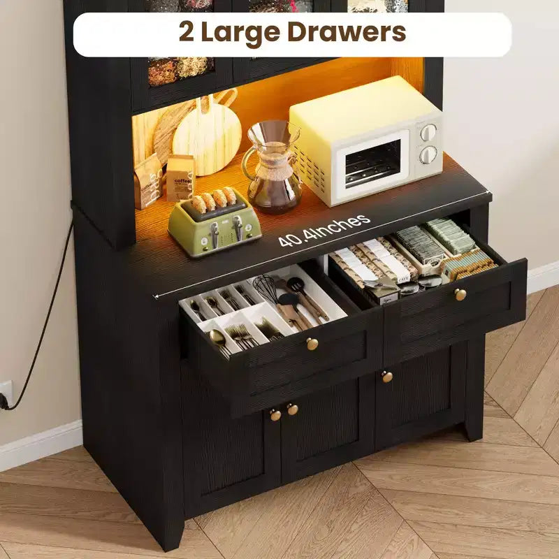 Tall Pantry Cabinet with Charging Station, Countertop, Drawers and Adjustable Shelves