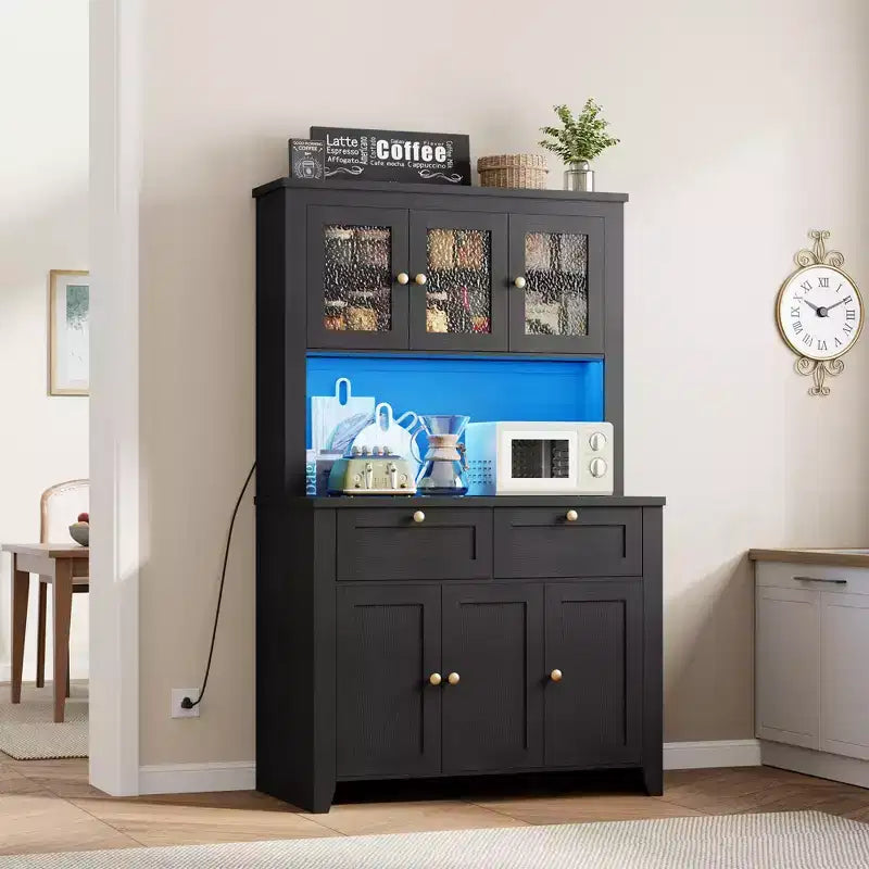 Tall Pantry Cabinet with Charging Station, Countertop, Drawers and Adjustable Shelves