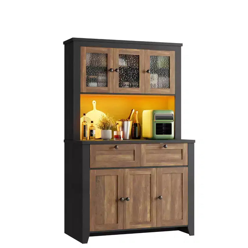Tall Pantry Cabinet with Charging Station, Countertop, Drawers and Adjustable Shelves