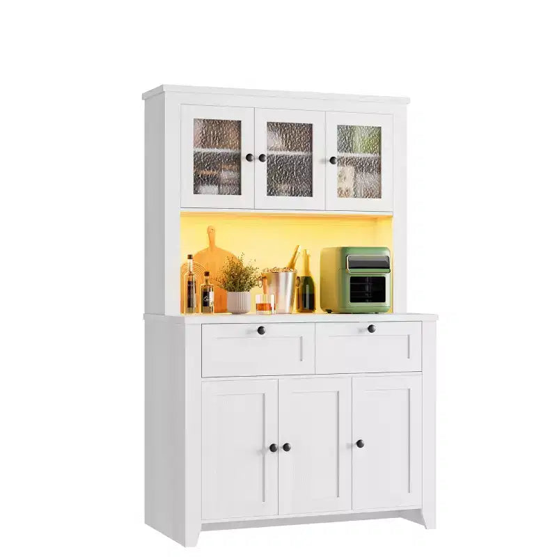 Tall Pantry Cabinet with Charging Station, Countertop, Drawers and Adjustable Shelves