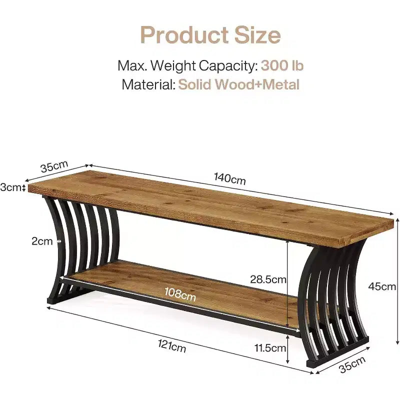 Industrial Entryway Bench with Shelf and Storage, 55 Inch Wood and Metal Shoe Bench for Bedroom, Hallway, Foyer