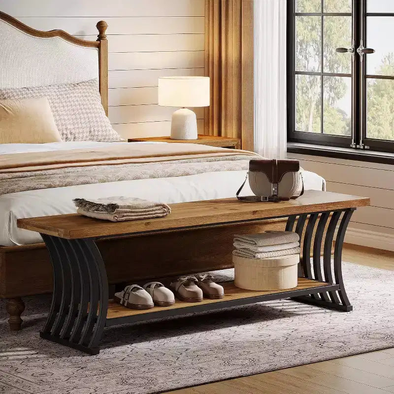 Industrial Entryway Bench with Shelf and Storage, 55 Inch Wood and Metal Shoe Bench for Bedroom, Hallway, Foyer