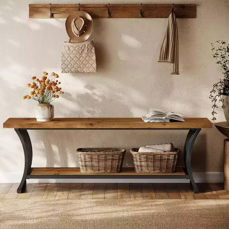 Industrial Entryway Bench with Shelf and Storage, 55 Inch Wood and Metal Shoe Bench for Bedroom, Hallway, Foyer