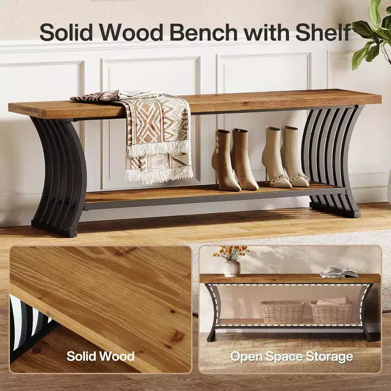 Industrial Entryway Bench with Shelf and Storage, 55 Inch Wood and Metal Shoe Bench for Bedroom, Hallway, Foyer