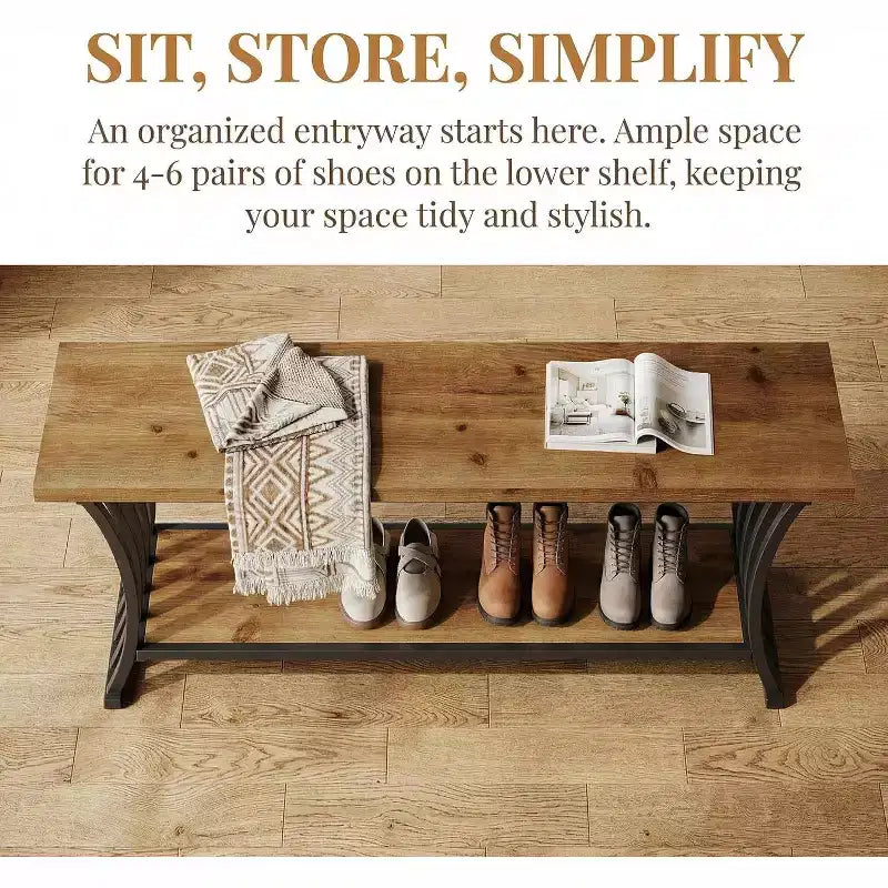 Industrial Entryway Bench with Shelf and Storage, 55 Inch Wood and Metal Shoe Bench for Bedroom, Hallway, Foyer