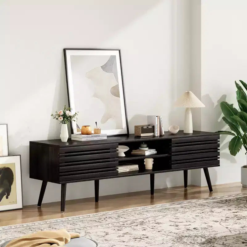 Mid Century Modern TV Stand for TVs up to 70 Inches with Storage – Dark Walnut
