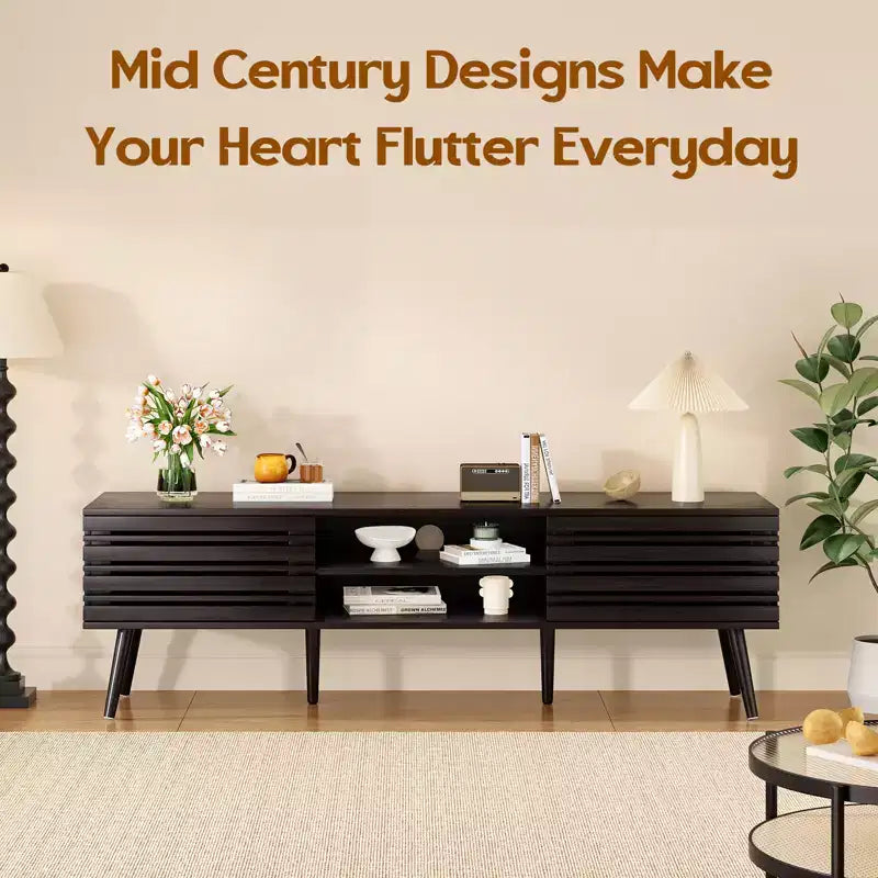Mid Century Modern TV Stand for TVs up to 70 Inches with Storage – Dark Walnut
