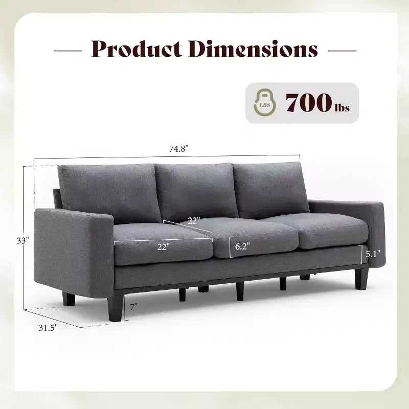 3-Seater Sofa with Deep Seat and Metal Frame