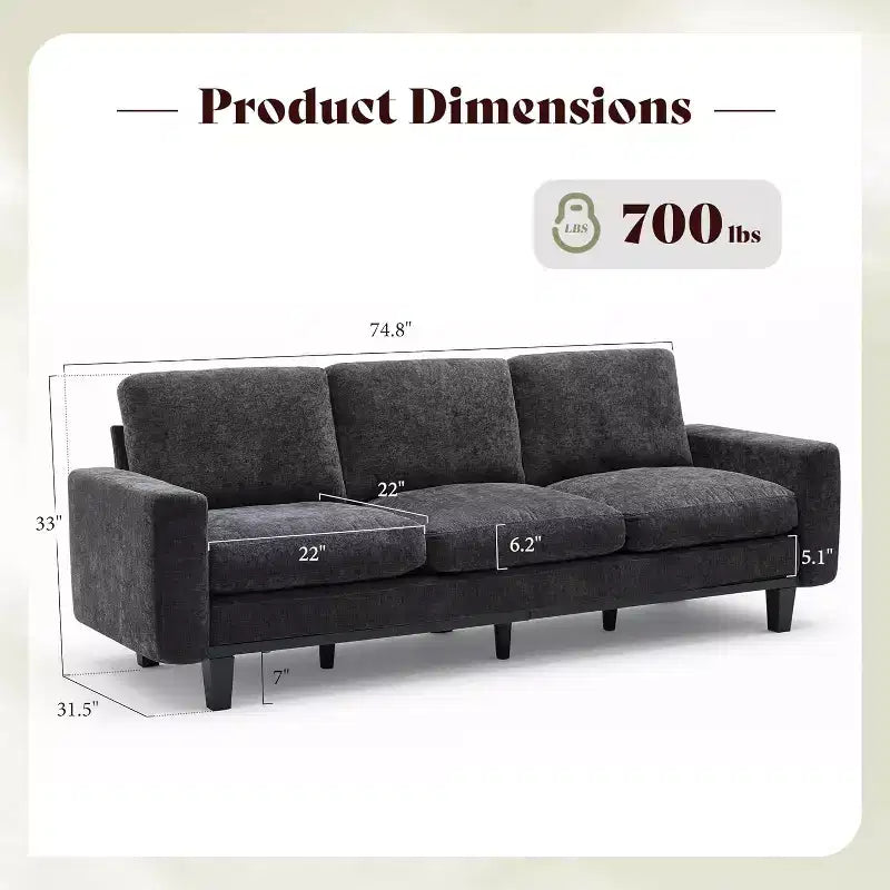 3-Seater Sofa with Deep Seat and Metal Frame