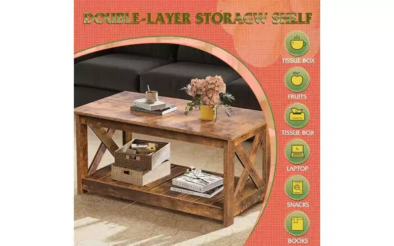 Farmhouse Coffee Table with X-Frame and Storage Shelf, 40.1"