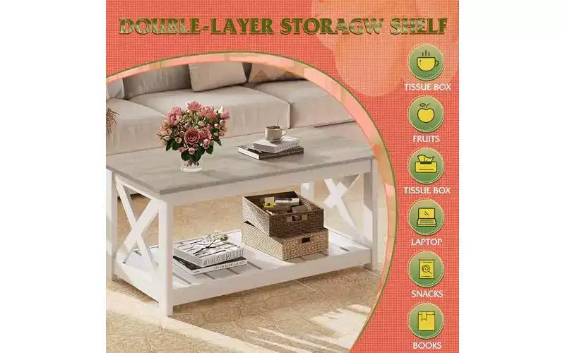 Farmhouse Coffee Table with X-Frame and Storage Shelf, 40.1"