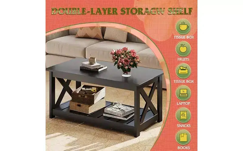 Farmhouse Coffee Table with X-Frame and Storage Shelf, 40.1"