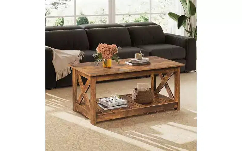 Farmhouse Coffee Table with X-Frame and Storage Shelf, 40.1"