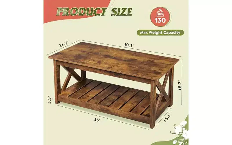 Farmhouse Coffee Table with X-Frame and Storage Shelf, 40.1"