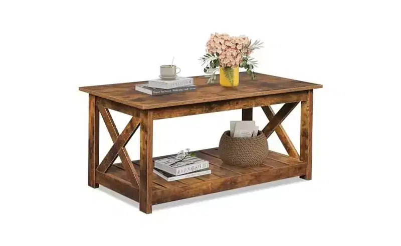Farmhouse Coffee Table with X-Frame and Storage Shelf, 40.1"