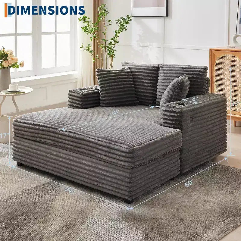 Oversized Chaise Lounge Chair with Throw Pillows and Armrests, Corduroy Upholstered Sofa Bed for Living Room and Bedroom