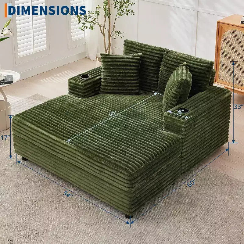Oversized Chaise Lounge Chair with Throw Pillows and Armrests, Corduroy Upholstered Sofa Bed for Living Room and Bedroom